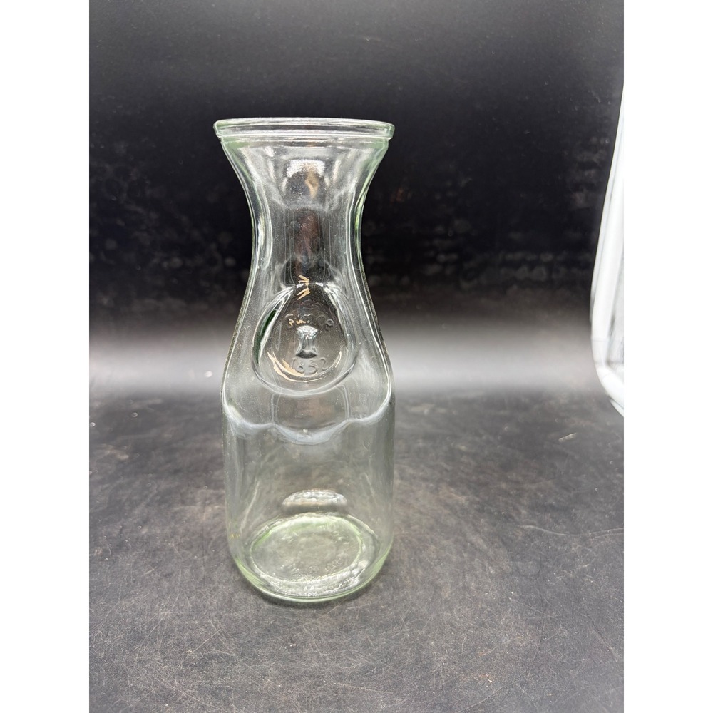 Vintage Clear Glass Carafe Decanter with Embossed Seal 1852 Design 8 Inch